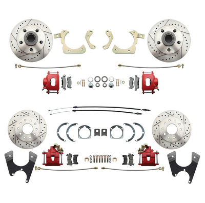 1955-1958 GM Full Size Front & Rear Disc Brake Kit Red Powder Coated Calipers Drilled/Slotted Rotors (Impala, Bel Air, Biscayne)