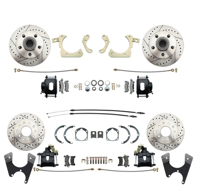 1955-1958 GM Full Size Front & Rear Power Disc Brake Kit Black Powder Coated Calipers Drilled/Slotted Rotors (Impala, Bel Air, Biscayne) & 8" Dual Chrome Booster Conversion Kit w/ w/ Flat Top Chrome Master Cylinder Bottom Mount Disc/ Disc Proportioning Valve Kit