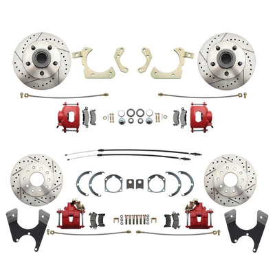 1955-1958 GM Full Size Front & Rear Power Disc Brake Kit Red Powder Coated Calipers Drilled/Slotted Rotors (Impala, Bel Air, Biscayne) & 8" Dual Zinc Booster Conversion Kit w/ Cast Iron Master Cylinder Bottom Mount Disc/ Disc Proportioning Valve Kit