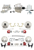 1955-1958 GM Full Size Front & Rear Power Disc Brake Kit Red Powder Coated Calipers Drilled/Slotted Rotors (Impala, Bel Air, Biscayne) & 8" Dual Chrome Booster Conversion Kit w/ Flat Top Chrome Master Cylinder Left Mount