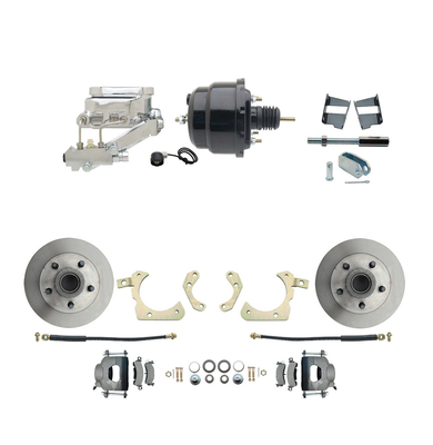 1959-1964 GM Full Size Front Disc Brake Kit (Impala, Bel Air, Biscayne) & 8" Dual Powder Coated Black Booster Conversion Kit w/ Chrome Flat Top Master Cylinder Left Mount Disc/ Drum Proportioning Valve Kit