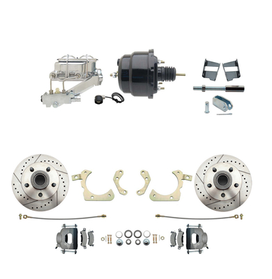 1959-1964 GM Full Size Front Disc Brake Kit (Impala, Bel Air, Biscayne) & 8" Dual Powder Coated Black Booster Conversion Kit w/ Chrome Master Cylinder Left Mount Disc/ Drum Proportioning Valve Kit