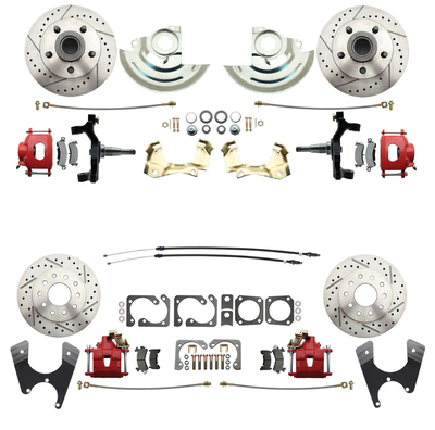 1964-1972 GM A Body (Chevelle, GTO, Cutlass) 2" Drop Front & Rear Disc Brake Kit w/ Drilled & Slotted Rotors Red Calipers