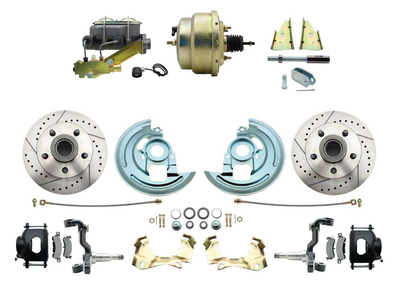 1964-1972 GM A Body Front Power Disc Brake Conversion Kit Drilled & Slotted & Powder Coated Black Calipers Rotors w/ 8"Dual Zinc Booster Kit