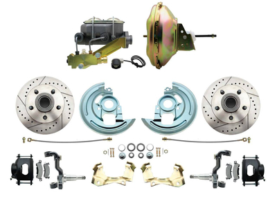 1964-1972 GM A Body Front Power Disc Brake Conversion Kit Drilled & Slotted & Powder Coated Black Calipers Rotors w/ 11" Delco Style Booster Kit