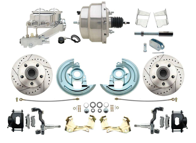 1964-1972 GM A Body Front Power Disc Brake Conversion Kit Drilled & Slotted & Powder Coated Black Calipers Rotors w/ 8" Dual Chrome Booster Kit