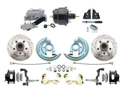 1964-1972 GM A Body Front Power Disc Brake Conversion Kit Drilled & Slotted & Powder Coated Black Calipers Rotors w/ 8" Dual Powder Coated Black Booster Kit