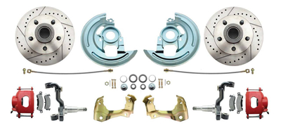 1967-1969 Camaro/ Firebird & 1968-1974 Chevy Nova Stock Height Front Disc Brake Kit w/ Drilled & Slotted Rotors Red Calipers