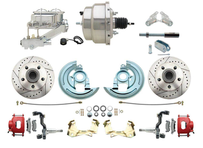 1964-1972 GM A Body Front Power Disc Brake Conversion Kit Drilled & Slotted & Powder Coated Red Calipers Rotors w/ 8" Dual Chrome Booster Kit