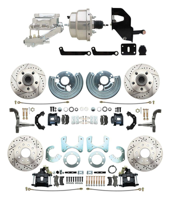 1962-1972 Mopar B E Body Front & Rear Disc Conversion w/ Drilled & Slotted Rotors & Powder Coated Black Calipers ( Charger, Challenger, Coronet) w/ 8" Dual Chrome Booster Conversion Kit w/ Flat Top Chrome Master Cylinder Kit