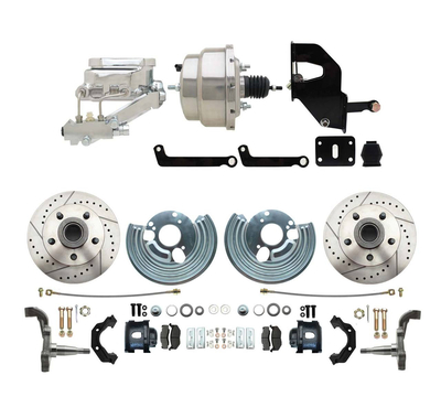 1962-72 Mopar B&E Body Front Disc Brake Conversion Kit w/ Drilled & Slotted Rotors & Powder Coated Black Calipers ( Charger, Challenger, Coronet) w/ 8" Dual Chrome Booster Conversion Kit w/ Flat Top Chrome Master Cylinder & Valve