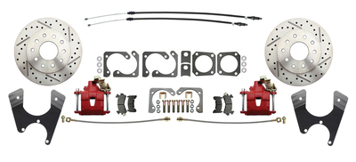 1968-1974 F, X Body 10/12 Bolt Pattern Rear Disc Brake Kit with E-Brake & Drilled/ Slotted Rotors Staggered Shocks, Red Powder Coated Calipers