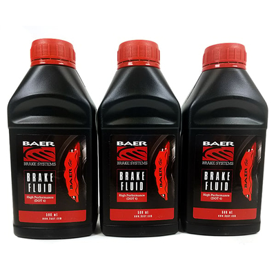 Baer DOT4 High Performance Brake Fluid, (16.9oz/500ml Bottle) 3 Pack Features minimum boiling points of 608°F (320°C) dry and 383°F (195°C) wet. Baer DOT4 fluid meets or exceeds SAE J1704 & FMVSS 116 specifications for DOT4 brake fluid and mixes safely with all SAE DOT3, 4 and 5.1 brake fluids.