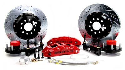 Baer Brakes 14" Extreme+ Front Brake Kit - Red w/Shelby Logo Fits 1970-73 Ford Mustang, 70 Fairlane, 70 Falcon, 70-74 Maverick, 70-71 Torino & 1970-73 Mercury Cougar, 71-74 Comet, 70-71 Montego, 70 Cyclone w/OE Drum Brake Spindle