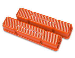 Holley GM Licensed Vintage Series SBC Valve Covers - Factory Orange Machined Finish