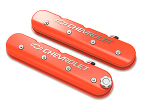 Tall LS Valve Cover with Bowtie/Chevrolet Logo - Factory Orange Machined Finish