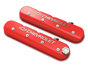 Tall LS Valve Cover with Bowtie/Chevrolet Logo - Gloss Red Machined Finish