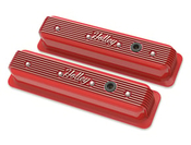 Holley Vintage Finned Valve Cover - "Holley" Script - SBC - Center Bolt - Gloss Red Machined