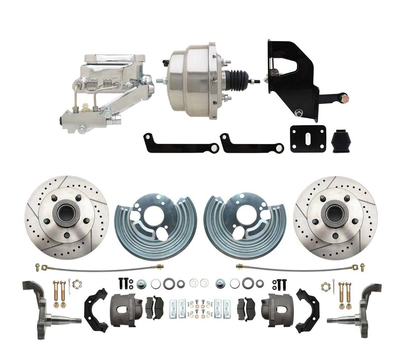 1962-1972 Mopar B & E Body Front Disc Brake Conversion Kit w/ Drilled & Slotted Rotors ( Charger, Challenger, Coronet) w/ 8" Dual Chrome Booster Conversion Kit w/ Flat Top Chrome Master Cylinder & Left Mount Proportioning Valve Kit